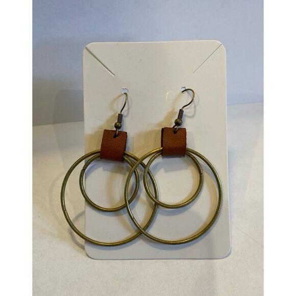 Hoop Earrings Leather Tarnished Gold Hoops Dangle Drop Boho Chic Hippie Vibe - Picture 1 of 5